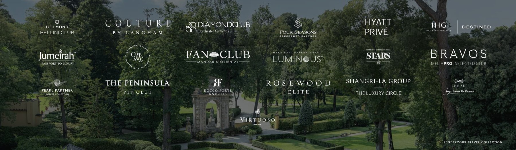 Rendezvous Travel Collection preferred partnerships: Belmond, Four Seasons, Rosewood, Shangri-La, Mandarin Oriental, Marriott, Virtuoso, Peninsula and more, arranged in a grid over a garden photo