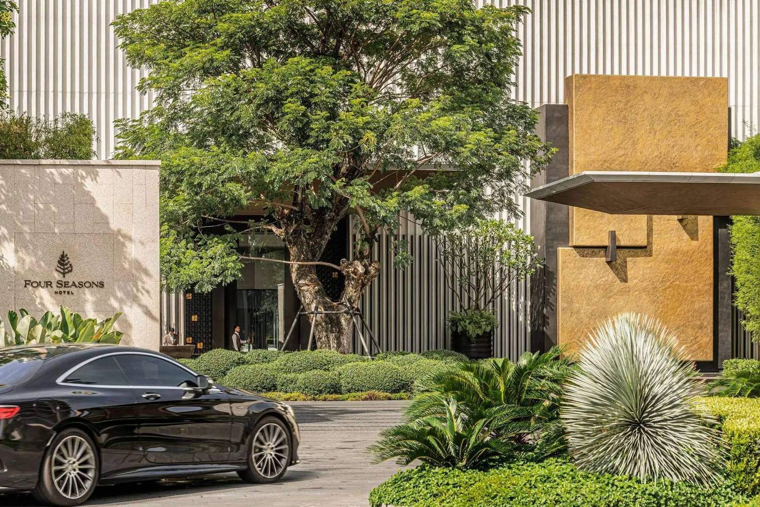 The arrival court of a Four Seasons hotel, with a mature rain tree over the entrance and a car at the porte-coch&egrave;re