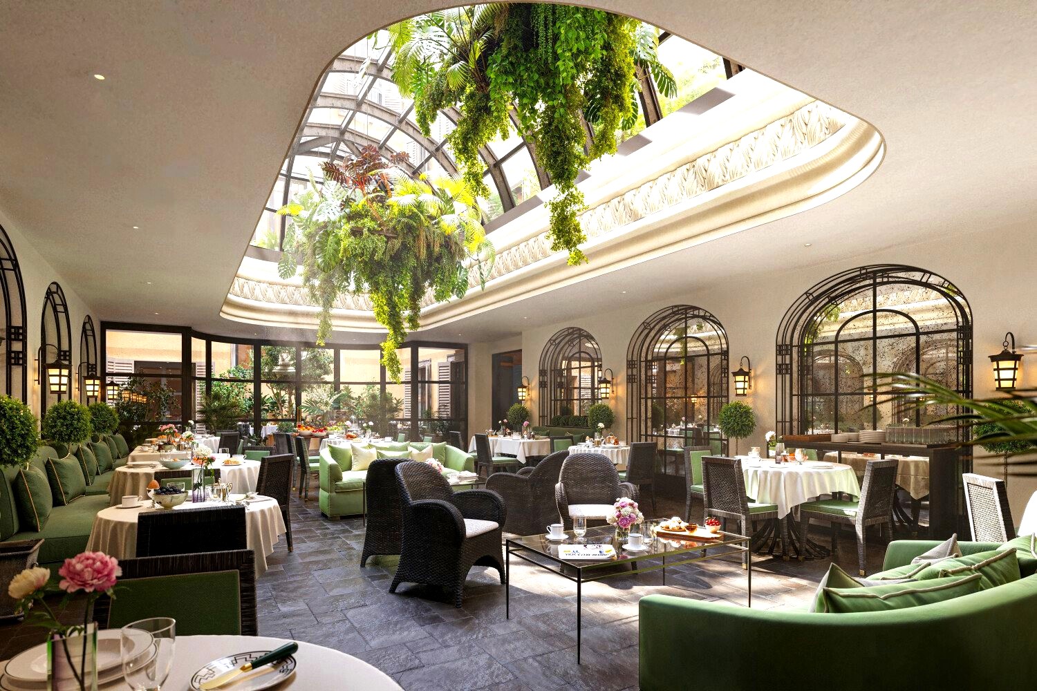 Plant-filled conservatory dining room in Rome