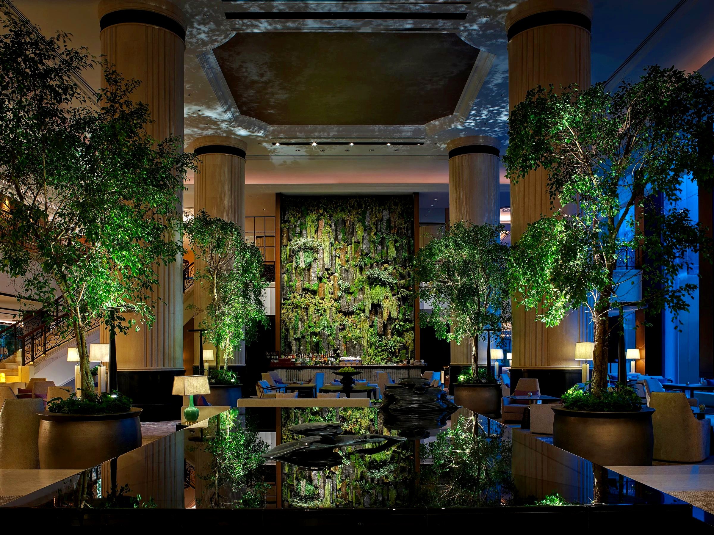 Hotel lobby lounge with a living moss wall