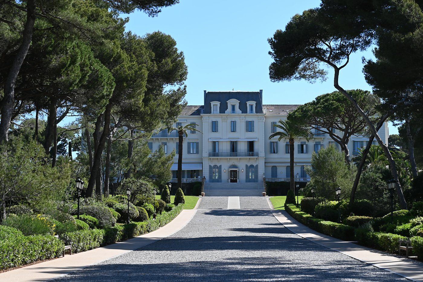 The gravel drive through the umbrella pines to the white facade of H&ocirc;tel du Cap-Eden-Roc