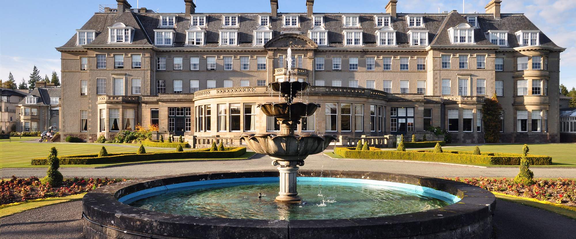 The Gleneagles Hotel in Perthshire seen across its formal gardens and fountain