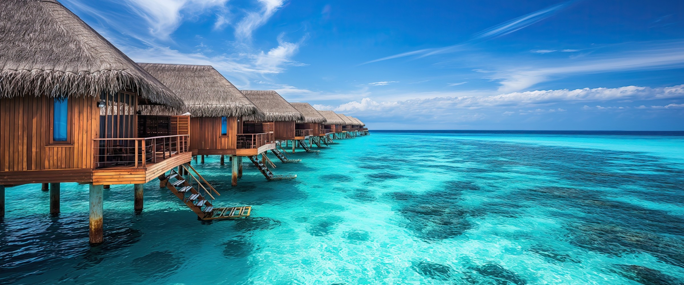 A row of thatched overwater bungalows on stilts above a turquoise Maldivian lagoon