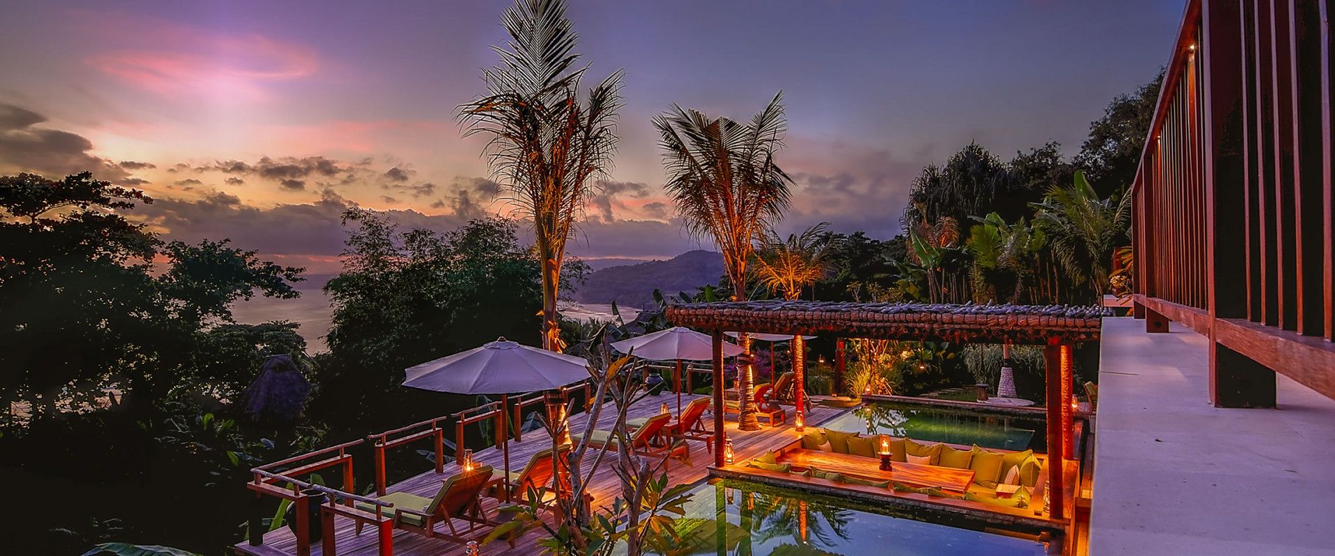A pool terrace above the jungle at sunset, Nihi Sumba, Indonesia