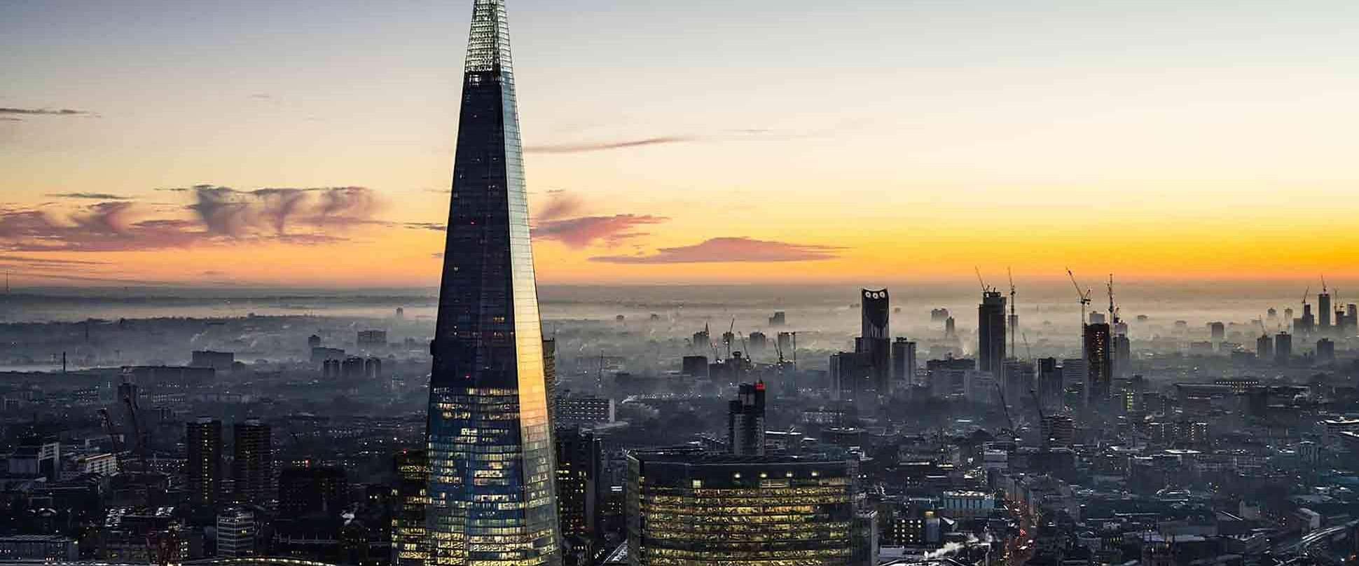The Shard above the London skyline at sunrise, home to Shangri-La The Shard