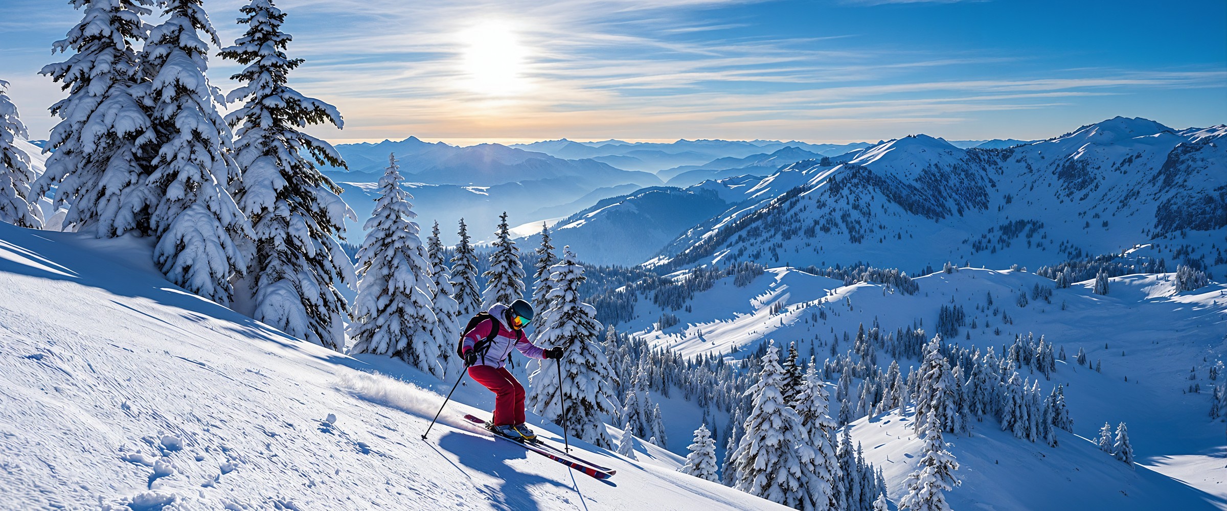 A skier carving down an open piste at sunrise, snow-laden firs in the foreground and range after range beyond