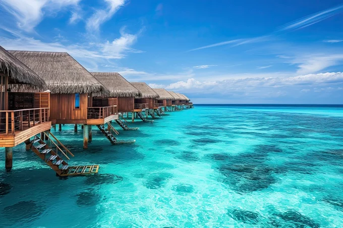 A row of thatched overwater bungalows on stilts above a turquoise Maldivian lagoon