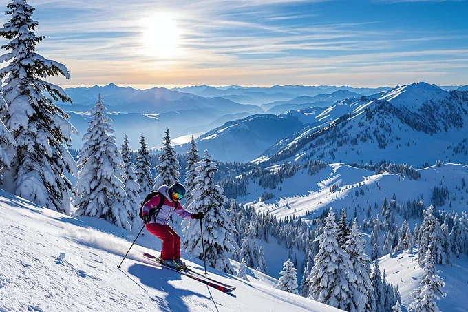 A skier carving down an open piste at sunrise, snow-laden firs in the foreground and range after range beyond