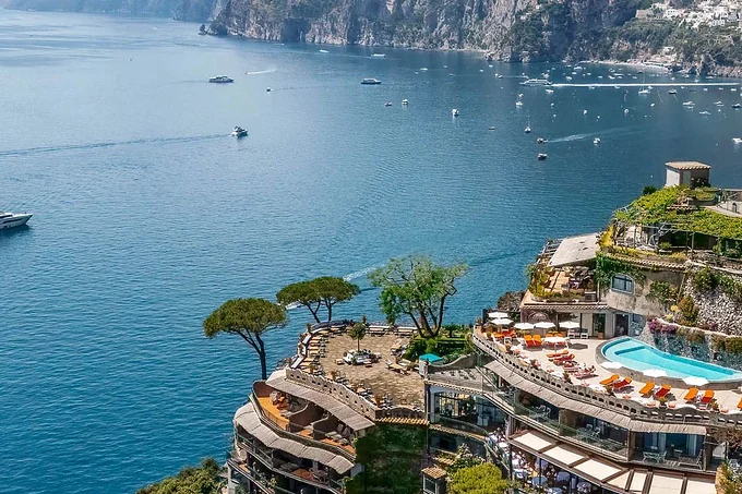 A cliffside hotel terraced above the sea on the Amalfi coast