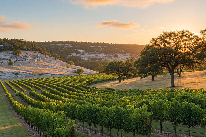 Vineyards and live oaks in the Texas Hill Country at sunset