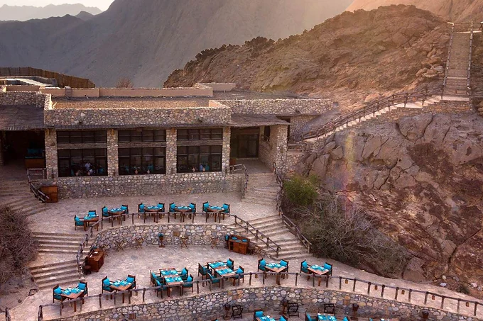 Six Senses Zighy Bay set against the Musandam mountains, Oman